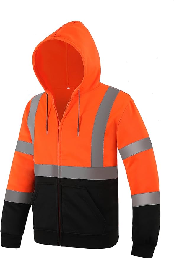 sesafety High Visibility Safety Sweatshirt for Men, Class 3 Reflective Zippered Hooded Sweatshirt, Hi-Vis Safety Hoodie with Black Bottom