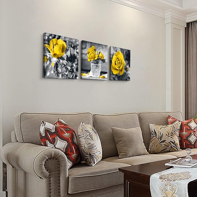TTHYUEWS Canvas Wall Art For Bedroom Decor Kitchen Living Room Girls Decorations Black And White Pictures Artwork Yellow Rose Flowers Prints Bathroom Home 3 Piece