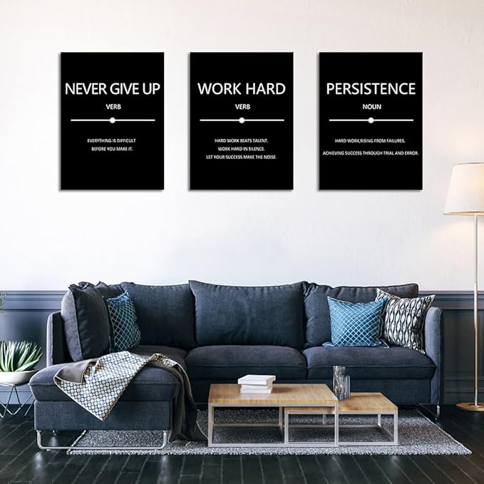 Unbruvo Inspirational Canvas Wall Art, Motivational Office Wall Decor, 3 Pieces Black Never Give Up Positive Quotes Wall Art for Workplace Living Room Bedroom(72''Wx 36''H)