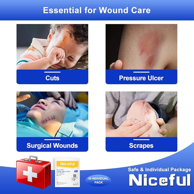 10 Count Silicone Foam Dressing 1.6" x 2", Wound Dressing for Minor Surgical Incisions, Abrasions, Absorbent Silicone Bandages for Sensitive Skin, Small Bed Sore Bandages