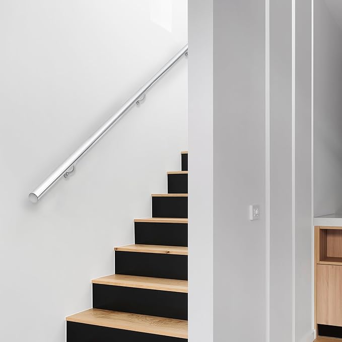 14 FT Modern Aluminum Handrail Set, handrails for Indoor Stairs,Deck,Slope, Wall Mounted Staircase handrails, Zink Alloy Brackets Included,Rust Free. (Anodized Silver, 14 FT)