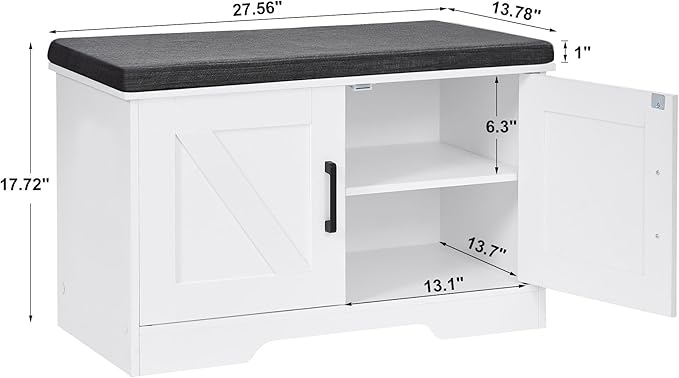 2-Tier Storage Bench, 27.6" Wide Shoe Bench with Padded Seat Cushion, Entryway Bench with 2 Barn Doors and Adjustable Shelf, White