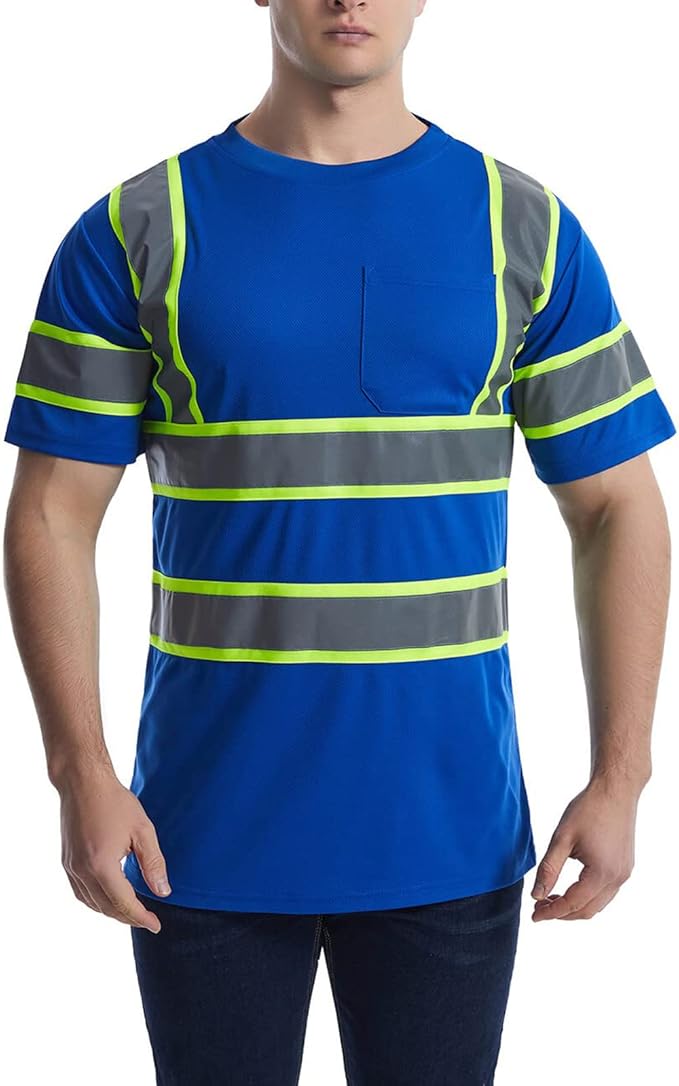High Visibility Shirts Quick Dry Safety T Shirts with Reflective Strips and Pocket Short Sleeve Mesh Hi Vis Construction Work Class 2 Shirt for Men/Women Blue,Large