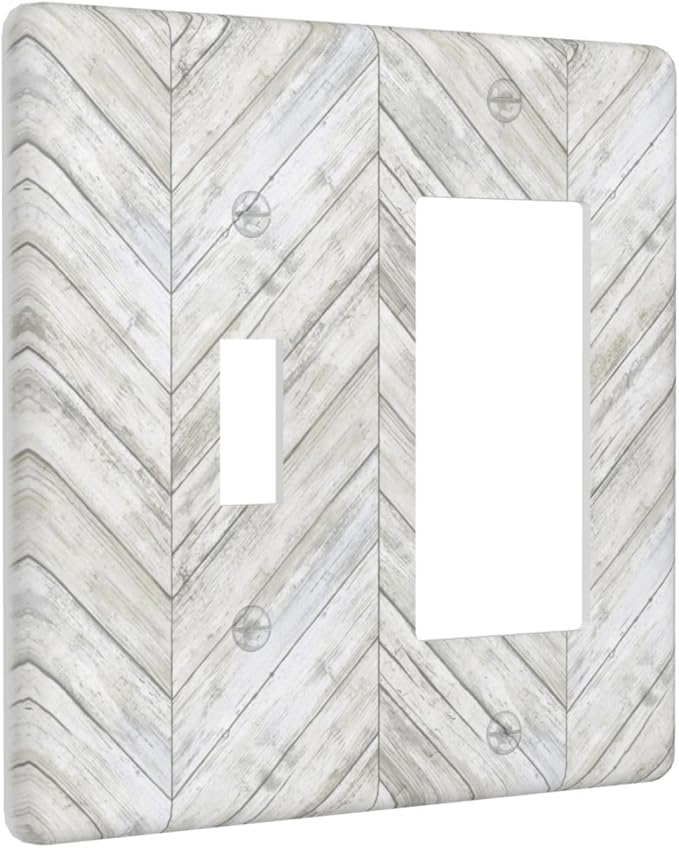 Rustic White Gray Herringbone Wood 2 Gang Single Toggle Rocker Combination Light Switch Cover Vintage Country Decorative Wall Plate Cover Electrical Faceplate Switchplate for Farmhouse Bedroom Decor
