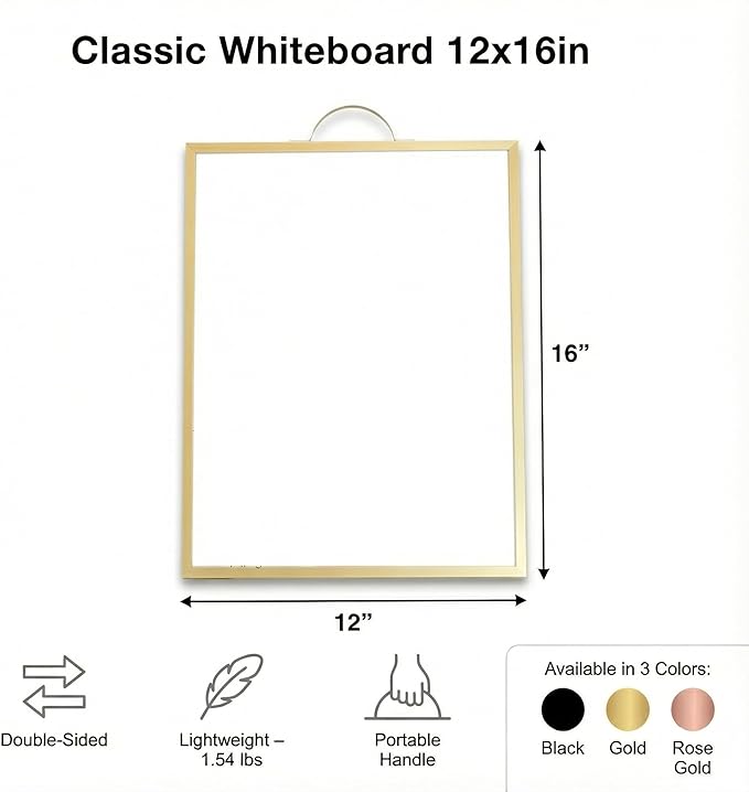 Small Whiteboard 12 x 16 Inch Magnetic Dry Erase Board with Handle | Gold Aluminum Frame | Double-Sided Portable Desktop Board | 2 Markers, Eraser & 2 Magnets