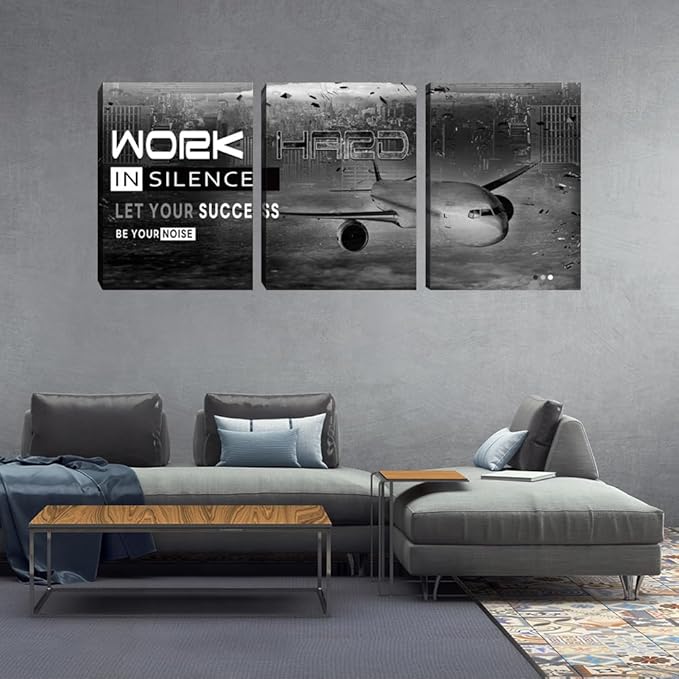 Inspirational Wall Art Motivational Wall Art 3 Pieces Canvas Wall Art Office Decor Success Quotes Hustle Poster Painting Print Artwork Framed for Bedroom Living Room Gym(72''Wx 36''H)