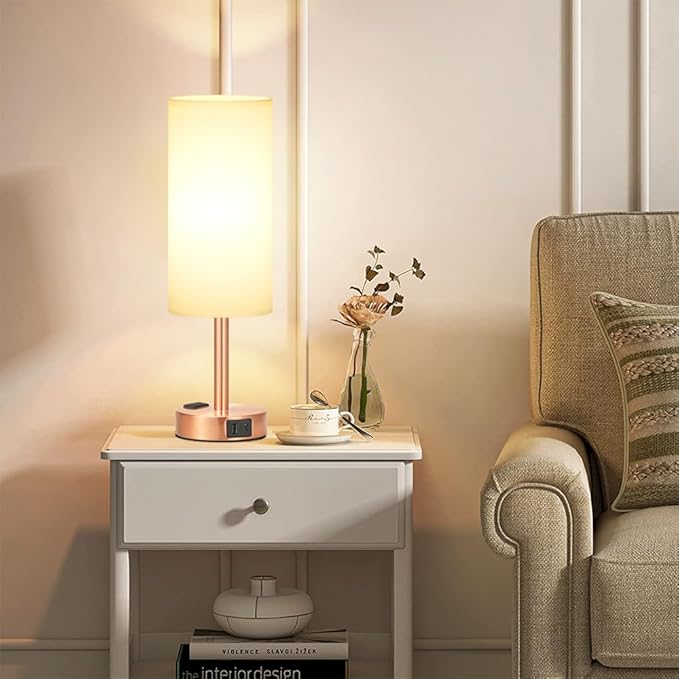 Fenmzee Bronze Nightstand Bedroom Lamp - 3 Way Dimmable Bedside Lamp USB C A Charging Ports and AC Outlet, Small Table Lamp White Linen Lampshade for Desk, LED Bulb Included