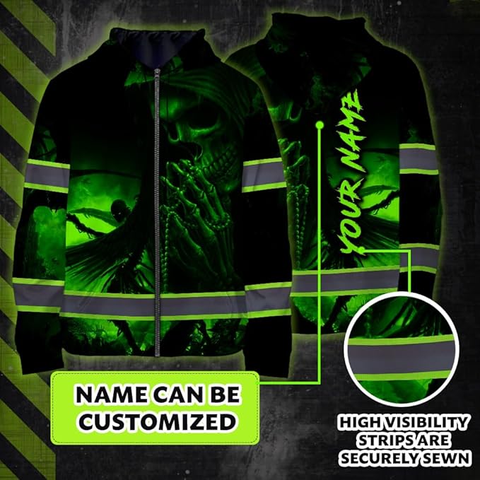 Maddly Hi Vis Reflective Zip Up Hoodie, High Visibility Safety Jacket with Skull Design for runner, worker, trucker, cyclist