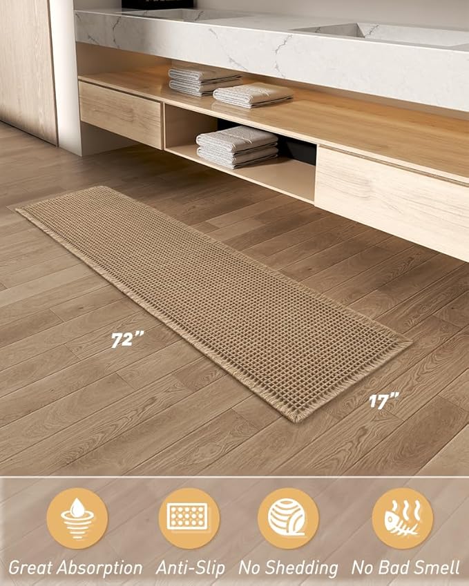 AMOAMI Upgraded Waffle Runner Rug, Super Absorbent Non Slip Bath Mats for Bathroom Floor, Machine Washable Bathroom Boho Runner Rug with Tassels, Ideal for Hallway Bedroom Laundry Room, 17" x 72"