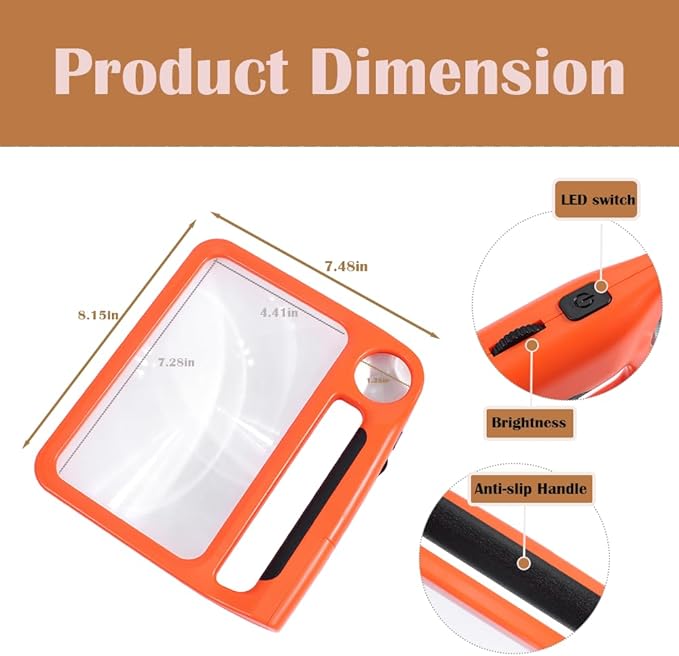 5X 10X Full Page Magnifying Glass for Reading, Rechargeable with 48 Adjustable LED Lights & 3 Light Modes, Comfort-Grip & Lightweight Handheld Magnifier for Seniors, Reading Aid, Low Vision(Orange)