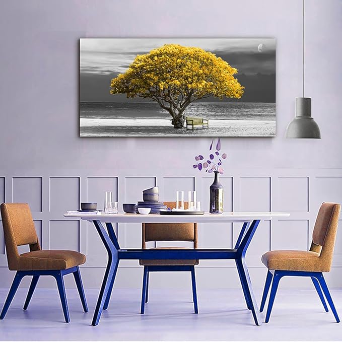 Wall Art For Living Room Decorations Photo Prints - Panoramic Black And White With Yellow Trees The Moon Scenery - Modern Home Decor The Room Stretched And Framed Ready To Hang Artwork 24x48inches