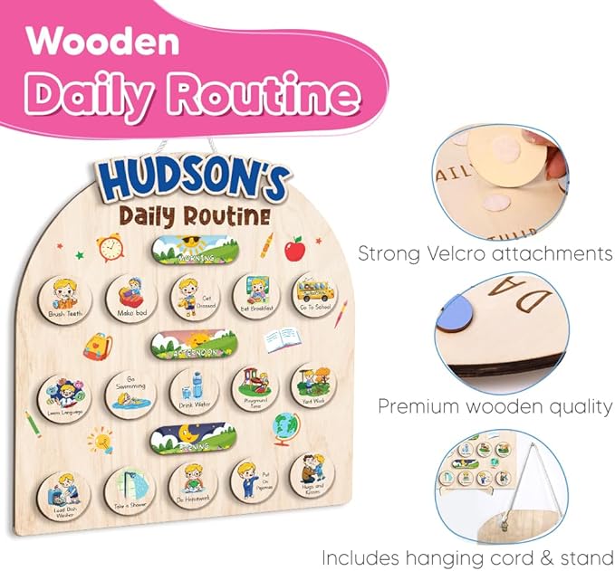 Wooden Chore Chart for Boys, Daily Routine Chart for Kids, Visual Schedule, Chore Reward Chart, Bedtime Morning Routine Chart for Toddlers (05)