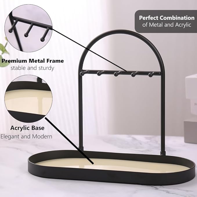 Shinpuru Metal Jewelry Organizer Stand & Key Holder Tray with Acrylic Base, Key Stand and Jewelry Tray with 5 Hooks, Perfect Key Bowl, Valet Tray, Ring Holder, Jewelry Dish (Matt Creamy)