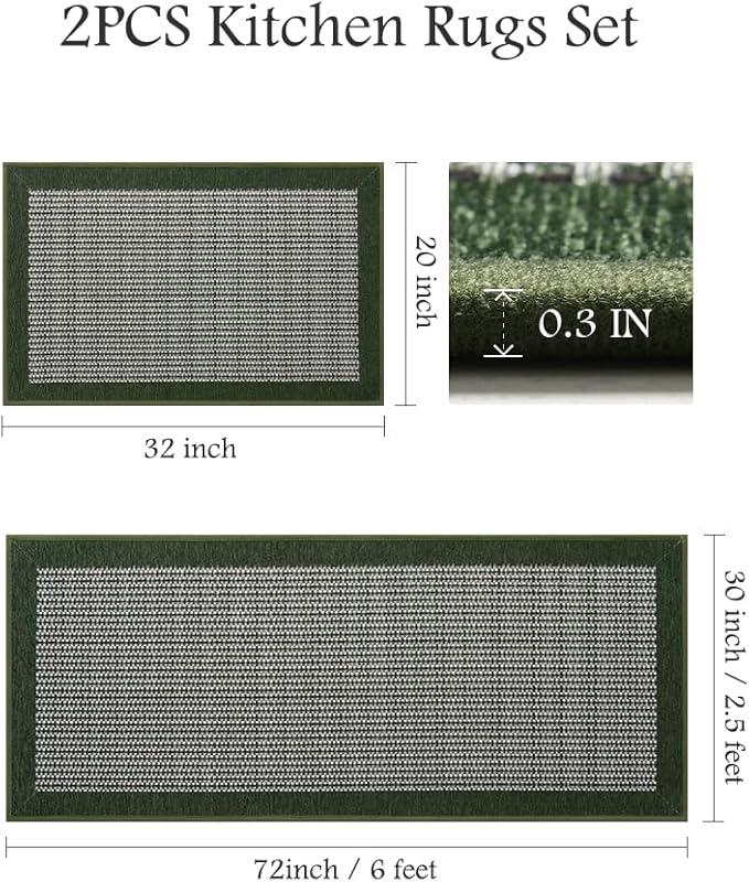 PADOOR Non Slip Kitchen Rugs Sets of 2 - Extra Large 2.5'x6' + 20"x32" Runner Rugs for Kitchen Floor Non Skid Washable, Absorbent Kitchen Mat for in Front of Sink 2 Piece Green
