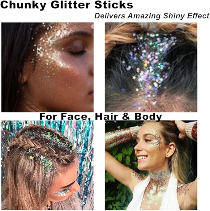 Mysense Purple Body Glitter Stick,Mardi Gras Face Hair Glitter,Festival Concert Rave Outfit Accessories for Women,Mermaid Sequins Chunky Glitter Makeup,0.56oz