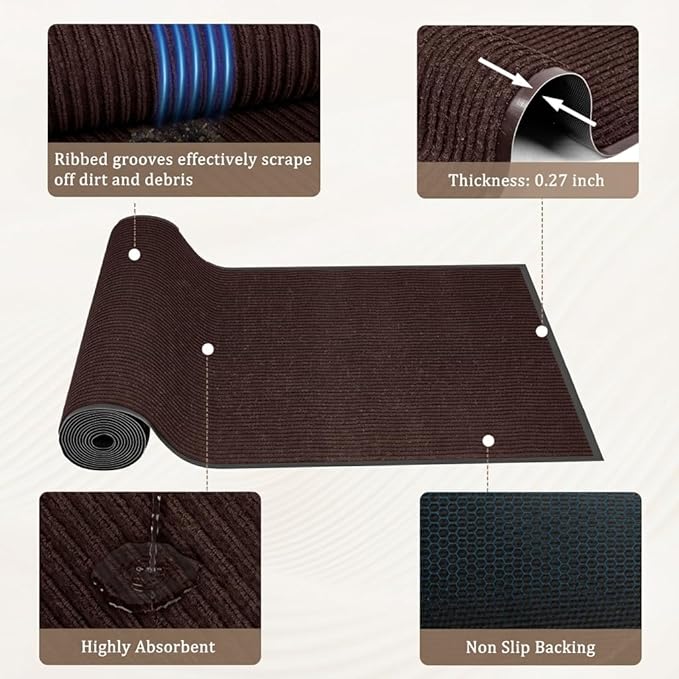 3' X 4' Commercial Grade Door Mat Indoor Outdoor Entrance, Traffic Guard Doormat, Industrial Rug Heavy Duty Brush Step Entrance Mat Weather Utility Rug with Non Slip Rubber Backing, Brown