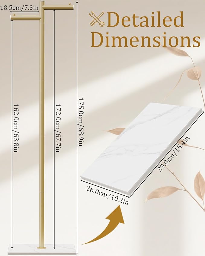 Free-standing Metal Coat Racks, Modern Garment Rack, Z-shaped Coat Tree with Natural Rock Base, for Bedroom, Office, Hallway, Entryway, Living Room, 175cm, Gold
