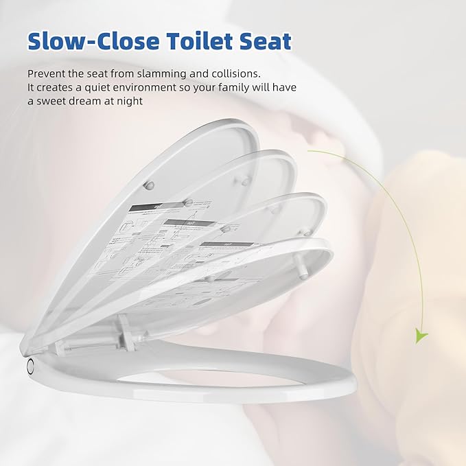 Universal Elongated Toilet Seat with Softclose Cover, One-Click to Quick Release, Compatible with TOTO/Gerber/Kohler Oval Toilet Seats, 2-Pack Toilet Bolts and Nuts, Non-Slip Toilet Bumpers, White