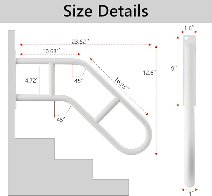 Hand Rails for Outdoor Steps & Elderly (Max 800LBS),U-Shape Wall Mount Stair Railing, Porch, Deck & Garden Grab Bar, Safety Handle for Garage, 1 Pack