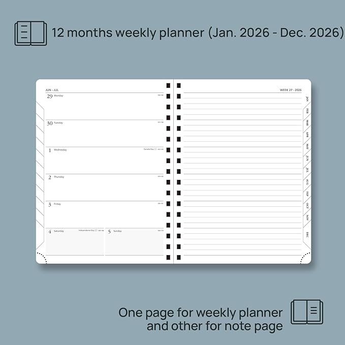POPRUN 2026 Planner Weekly Notebook (Jan-Dec), Medium 8.5''x 6.5'' - Agenda 2026 Calendar Book with Monthly Tabs, Inner Pocket, Spiral Soft Cover, 100 GSM - Soft Pink