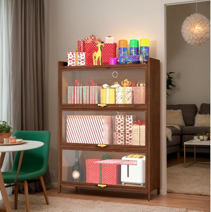 44'' Tall Metal Storage Cabinet with 3 Flip Doors, Freestanding Steel Organizer with Ample Storage Space for Bedroom Living Room Kitchen Office Entryway, Storage Organizer Walnut Finish