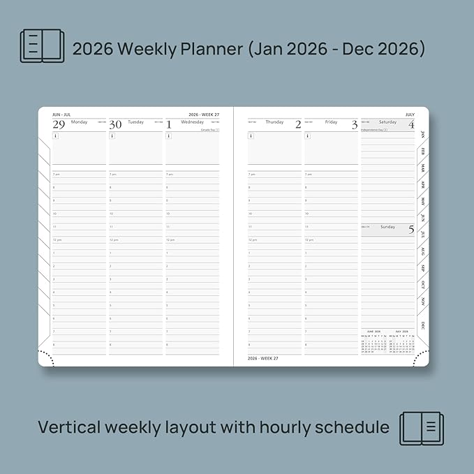 POPRUN 2026 Planner (Medium Size 8.5''x 6.5'' Hardcover) - Daily Weekly and Monthly Calendar Agenda 2026 Appointment Book with Hourly Time Slots, Monthly Tabs, 100 GSM - Pacific Green