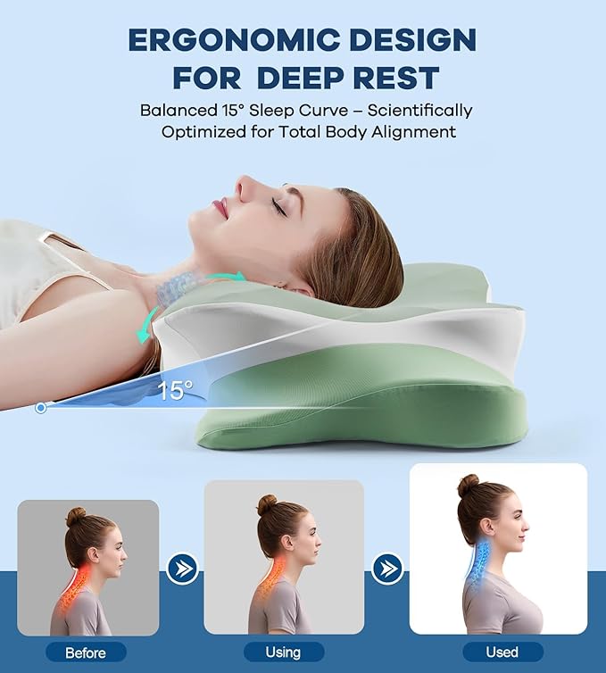 Cervical Pillow for Neck Pain Relief, Cooling Ergonomic Memory Foam Pillow with Ice Silk Pillowcase, Dual-Height Orthopedic Contour Support Pillow for Side,Back,Stomach Sleepers, CertiPUR-US Certified