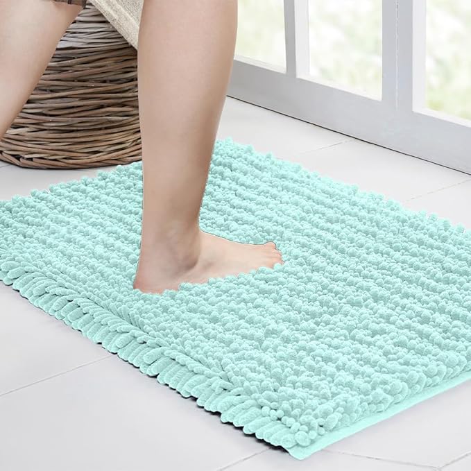 Walensee Bathroom Rug Non Slip Bath Mat (24x17 Inch Spa Blue) Water Absorbent Super Soft Shaggy Chenille Machine Washable Dry Extra Thick Perfect Absorbant Best Small Plush Carpet for Shower Floor