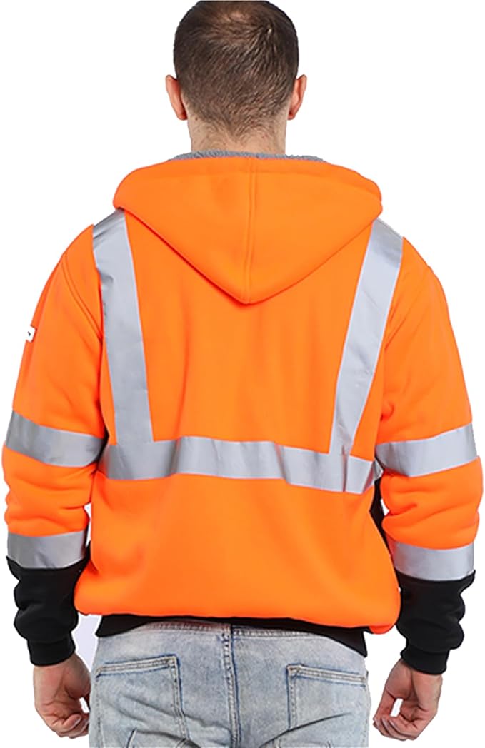 FONIRRA Men's High Visibility Safety ANSI Class 3 Lined Fleece Hoodie Sweatshirt with Black Bottom Jumper Workwear for Men(Orange,S)