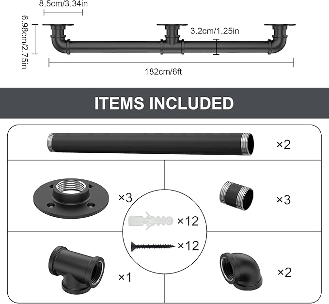 6FT Industrial Stair Railing Wall Mount Staircase Handrail φ1.3 Pipe Hand Rail for Steps Grab Bar Foot Rail Vintage Pipe Railing Black Deck Handrail for Outdoor Indoor Stairs Porch