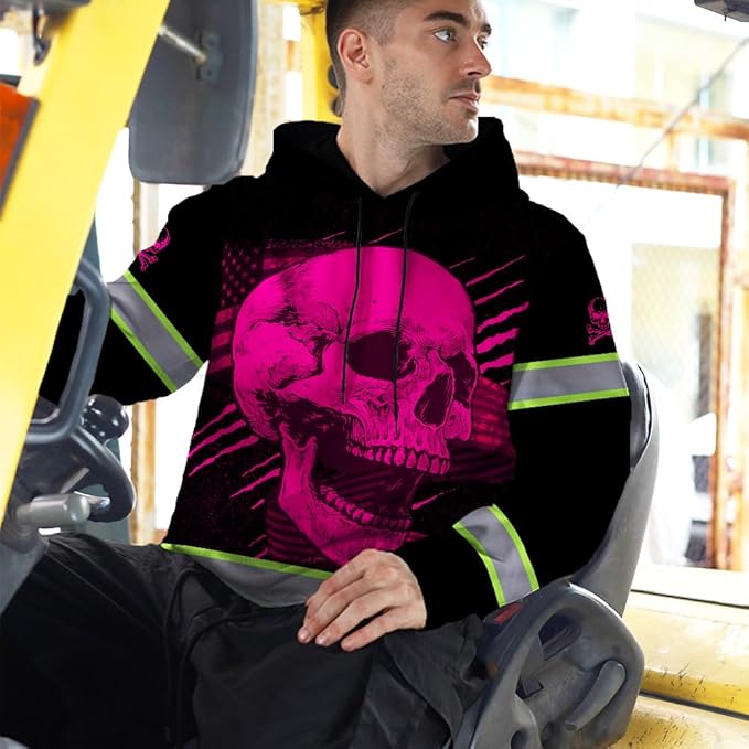 Matedecor Skull US Flag Reflective High Visibility Hoodie For Men Construction Hi Vis Safety Workwear Custom Name