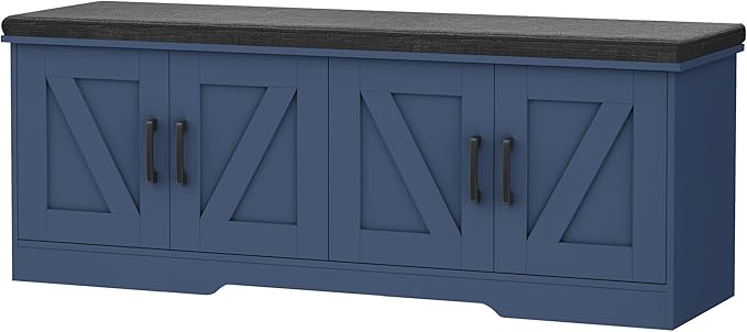 2-Tier Storage Bench, 47.2" Wide Shoe Bench with Padded Seat Cushion, Entryway Bench with 4 Barn Doors and Adjustable Shelf, Blue
