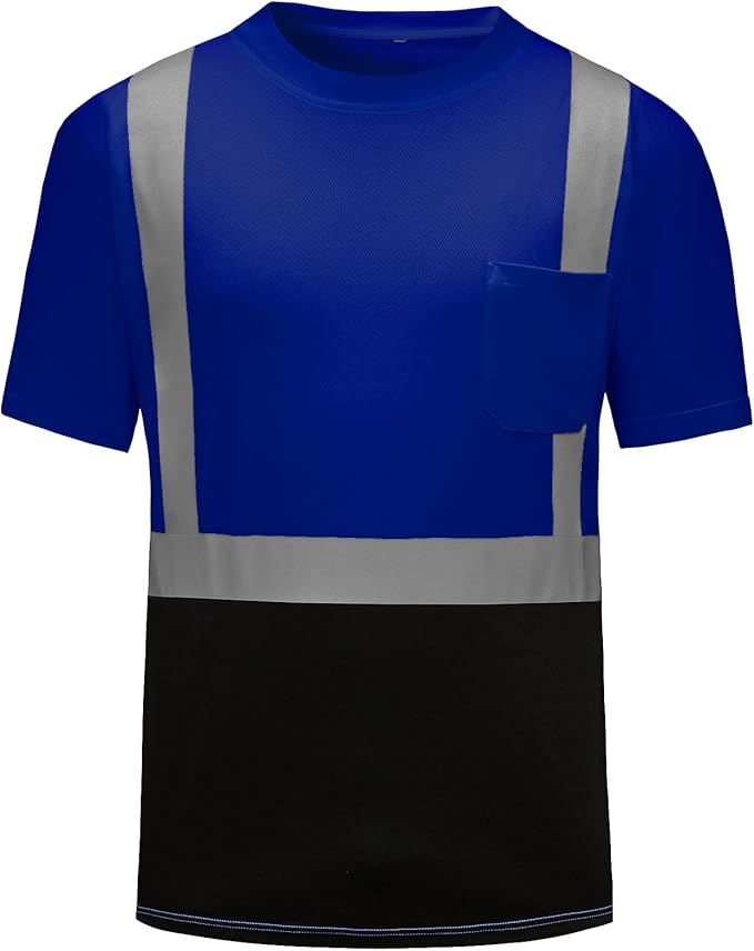 High Visibility Shirts Quick Dry Safety T Shirts with Reflective Strips and Pocket Short Sleeve Mesh Hi Vis Construction Work Class 2 Shirt for Men/Women Black Bottom Blue,Small