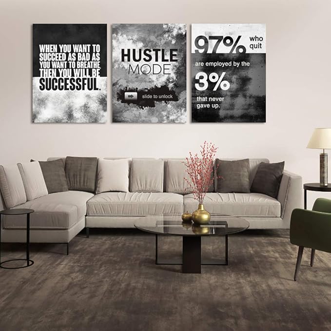 Motivational Office Wall Decor, Inspirational Canvas Wall Art, 3 Pieces Hustle Posters Prints Entrepreneur Success Quote Wall Decor for Lobby Meeting Room Hallway Living Room(48”Wx24”H)