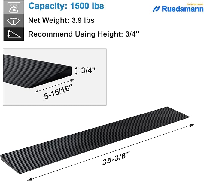 Ruedamann 0.8" Rise Threshold Ramp for Doorways, Sturdy Rubber Threshold Ramp, Non-Slip Power Door Ramps for Wheelchairs is Adjustable and Cuttable for Doorways,Curb, Scooters, Driveways