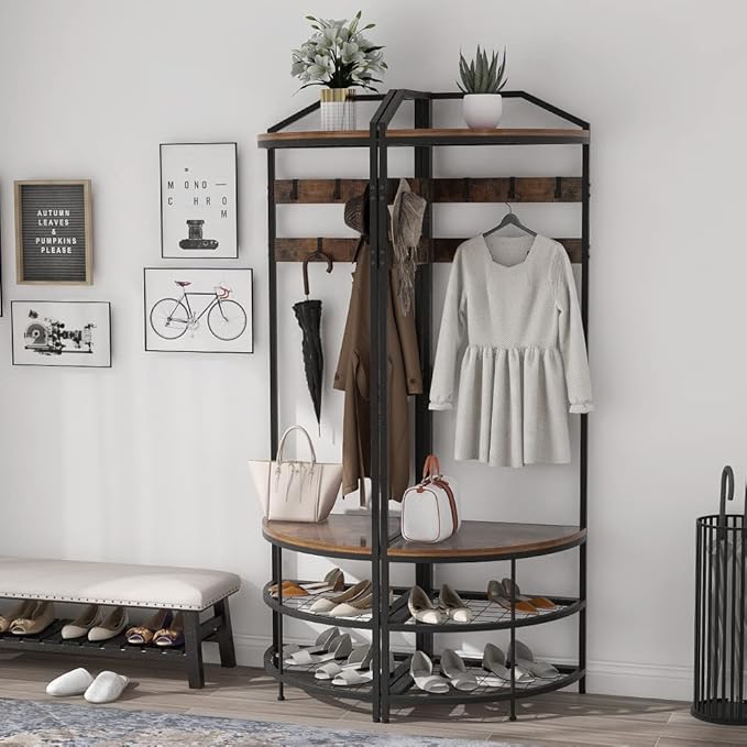 GiftGo Corner Hall Tree with Shoe Bench Entryway Coat Rack with 10 Metal Movable Hooks Floor Standing Clothes Rack Shoes Shelf Organizer for Home Office Bedroom (Rustic Brown)