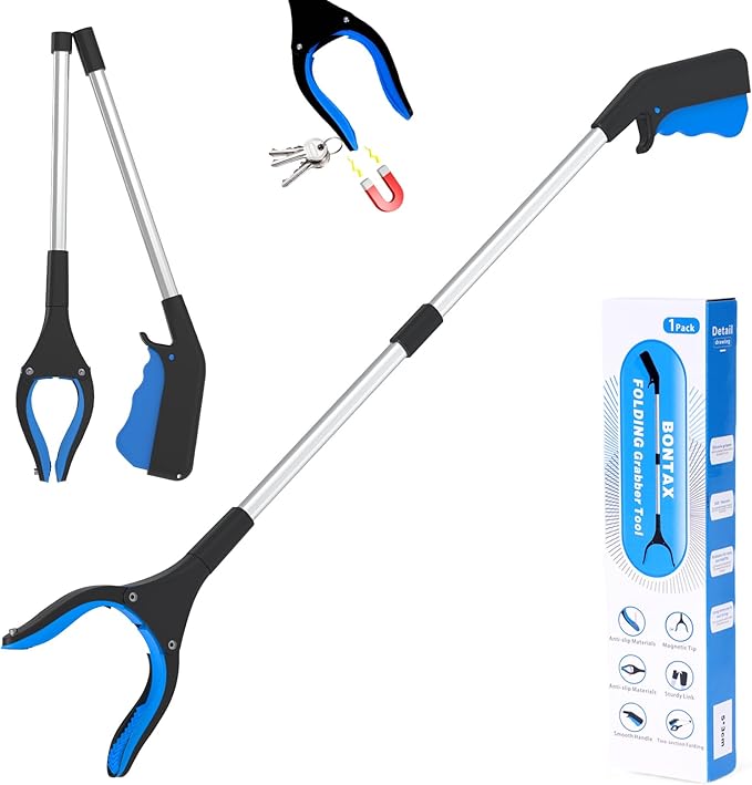 32" Reacher Grabber Pickup Tool, Foldable Seniors Handicap Daily and Trash Picker Upper Grabbers Daily Living Tools (Blue)