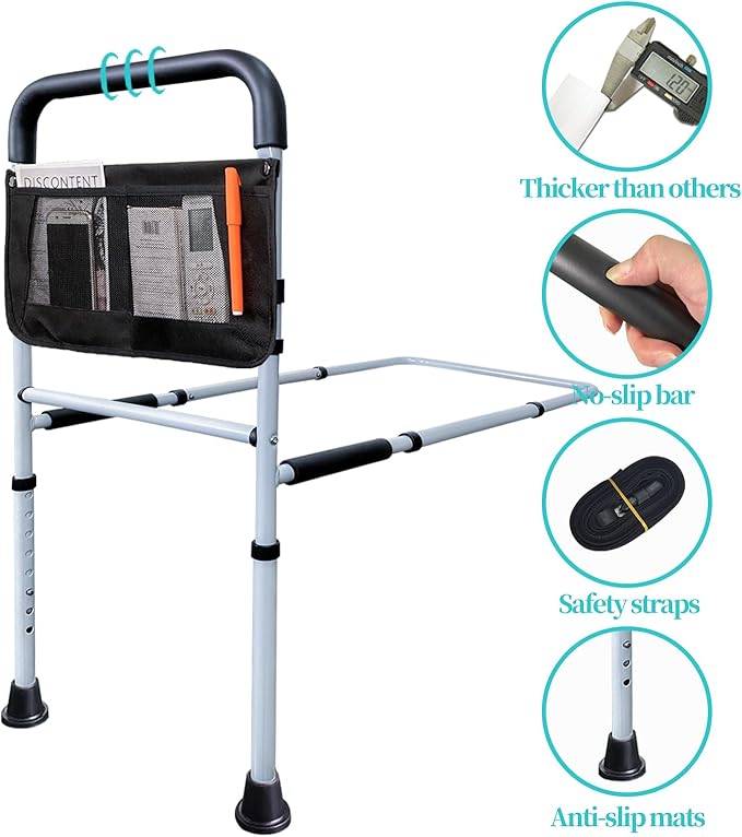 Bed Rails for Elderly Adults Safety with Adjustable Heights Storage Pocket Assist Support Side Railings for Seniors Citizens Slides Under Mattressbed Cane Medical Bed Guard Bed Handles Bars(Grey)