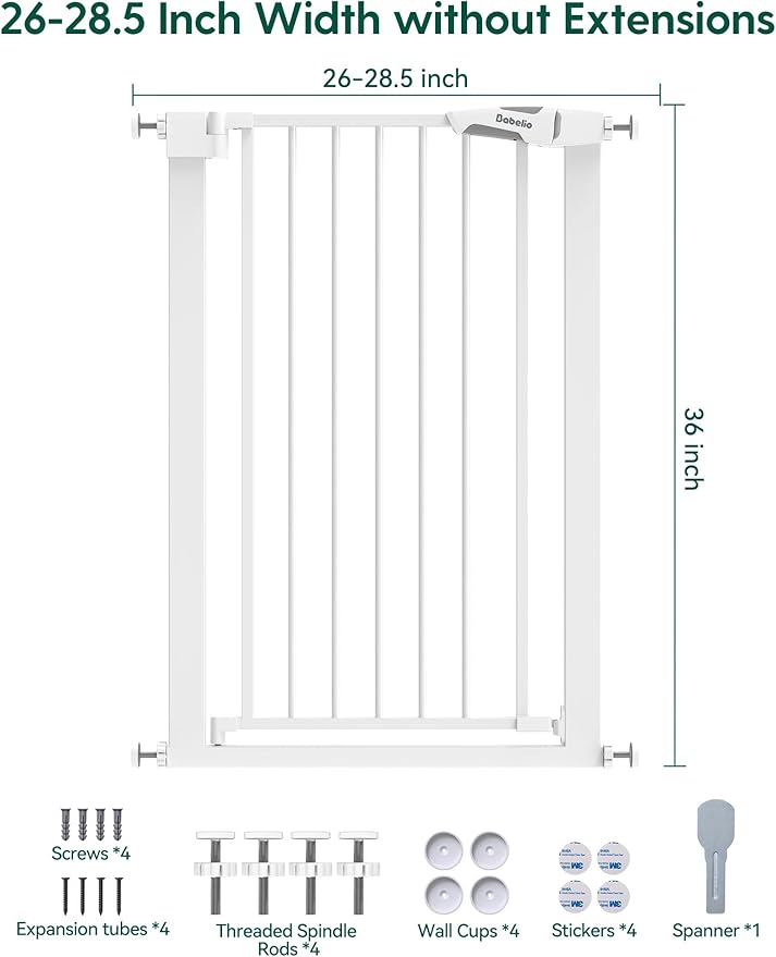 BABELIO 36" Tall Narrow Baby Gate, 26-28.5" Wide Auto-Close Metal Pet Gate for Small Stairs/Doorways/Hallways, Pressure/Hardware Mounted for Child and Pets, NO Extensions, White