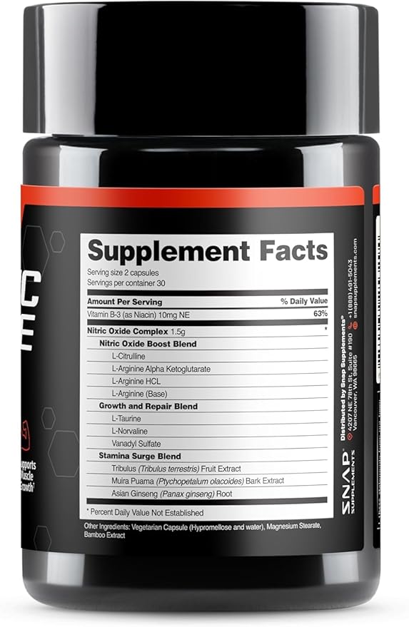 Snap Supplements Nitric Oxide Supplement with L-Arginine to Support Energy, Quick Recovery, Heart Health, Muscle Growth & Circulation, 60 Vegetarian Capsules (1 Month Supply)