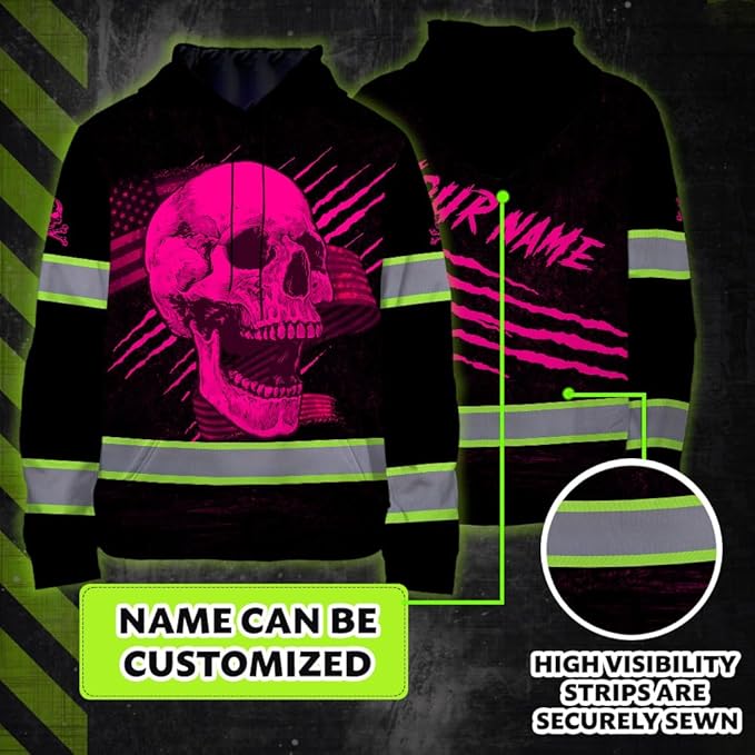 Matedecor Skull US Flag Reflective High Visibility Hoodie For Men Construction Hi Vis Safety Workwear Custom Name