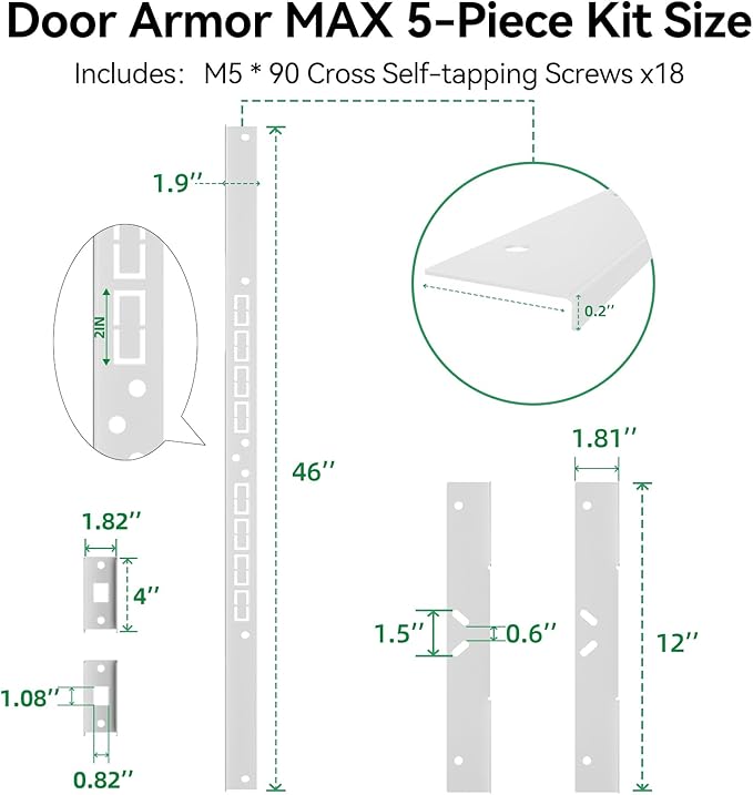 Door Armor MAX 5-Piece Kit - 46" Heavy Duty Steel Door Reinforcement System, Anti-Kick Security Plates for Jamb, Hinges & Lock, Easy 30-Min Install with Template, Corrosion Proof White