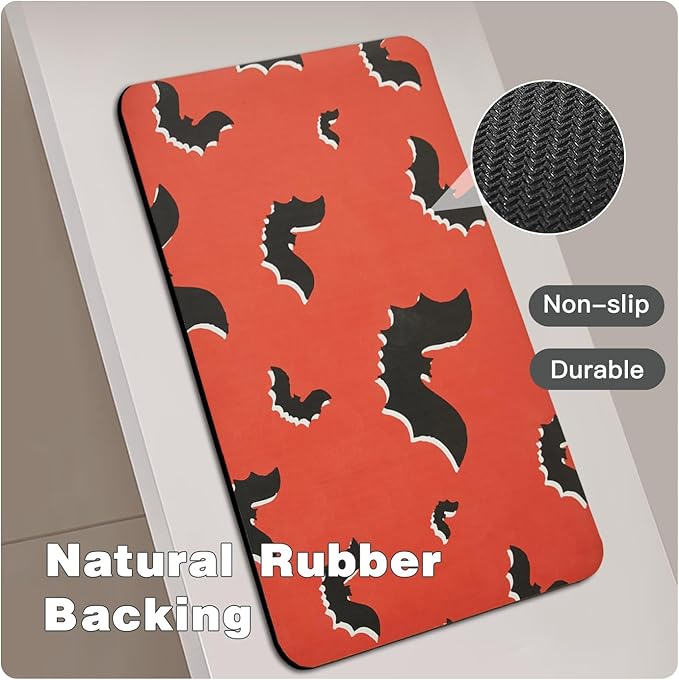 Halloween Bath Mat, Thin Halloween Bathroom Rug Non Slip Quick Dry Bat Bath Mat Fits Under Door Thin Floor Mat Halloween Decor, 17''x30'', Gothic Bats Orange