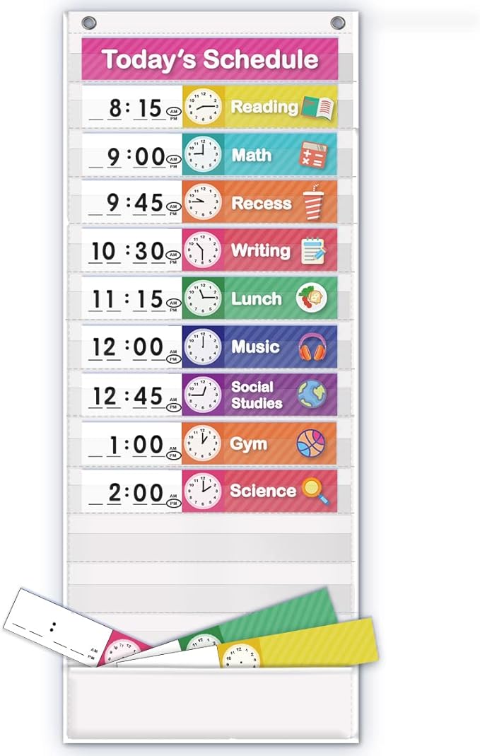 Eamay Daily Schedule Pocket Charts, Teaching Scheduling Pocket Chart, Hoom, Eamay Daily Scheduling Pocket Chart, Pocket Chart with 13+1 Pockets, 18pcs Dry Erase Cards and 2 Hooks (White)