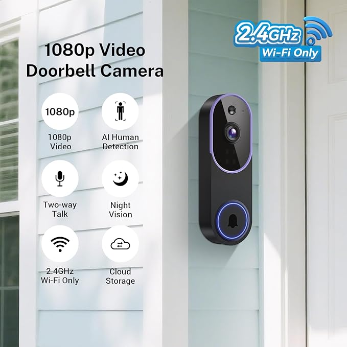 Smart 1080p Video Doorbell Camera with Doorbell Receiver, Live View, AI Human Detection, 2-Way Audio, Night Vision, Cloud Storage (Sold Separately), 2.4G WiFi