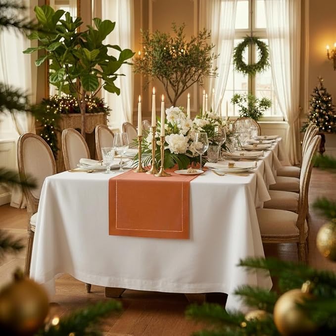 D'Moksha Homes Linen Rust Table Runner 84 Inches Long - 100% Pure Linen Table Runner 14 x 84 Inch for Spring, Easter - Classic Hemstitch