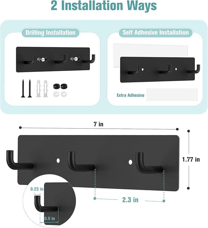 RELBRO Key Holder Wall Mount, Small Metal Self Adhesive Key Rack with 3 Hooks, 2 Installation Options, Black