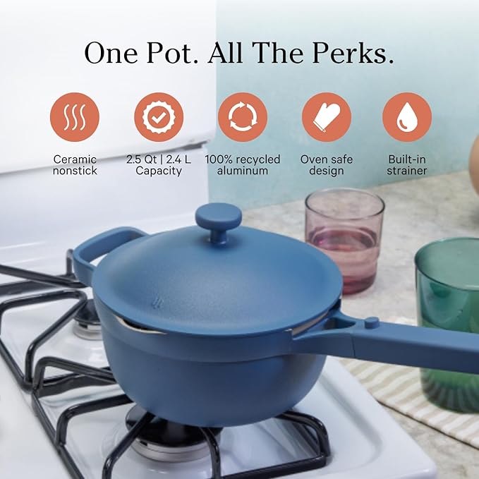 Our Place Mini Perfect Pot | 2.5 Qt Ceramic Pot with Lid & Spatula | Patented 8-in-1, PFAS-Free Nonstick, Non-Toxic Cookware | Induction & Oven-Safe up to 450°F | Blue Salt