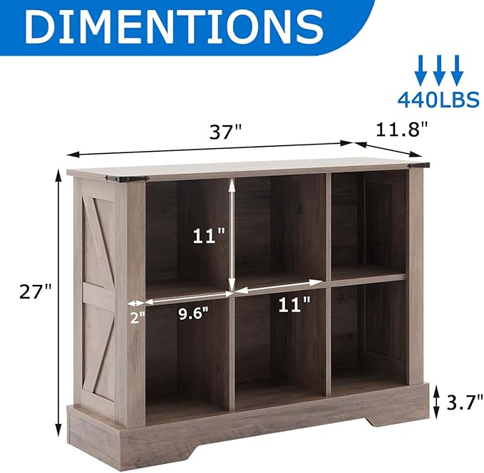 6 Cube Bookcase, Wooden Cube Storage Organizer Shelf, Grey Horizontal Book Shelf with LED Lights, Freestanding Display Cabinet for Living Room, Hallway TV Stand for Entryway