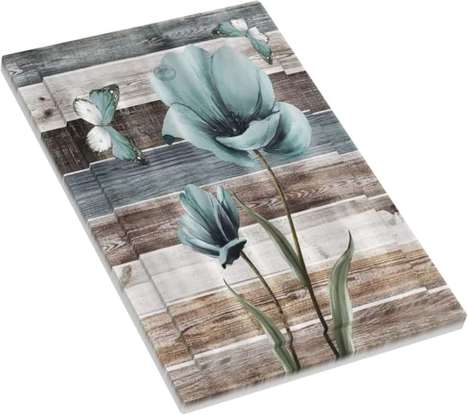 Rustic Vintage Teal Floral Barn Wood 1 Gang No Device Light Switch Cover Decorative Single Blank Electrical Wall Plate Turquoise Flower Butterfly Switchplate Faceplate for Farm Bathroom Decor